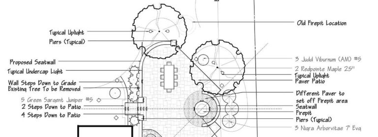 2D architectural design example. Landscape design with patio, firepit, seatwall, and plantings. Home design.
