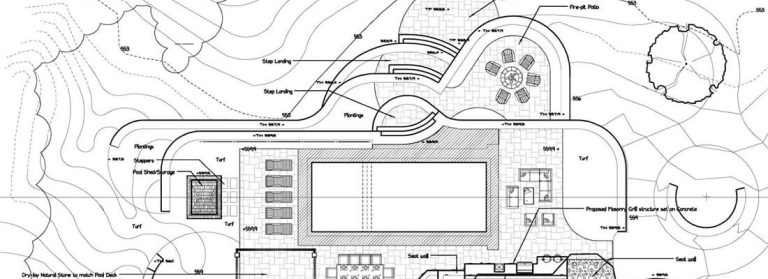 2D architectural design example: blueprint of a home with pool, patio, fire pit, and seating.
