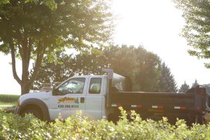 Arbeen Landscaping truck. White truck with landscaping company logo. Tree service vehicle. Dump truck.