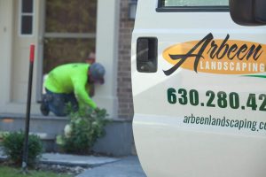 Arbeen Landscaping truck door with logo and contact info. Landscaper tending to plants. Local lawn care services.