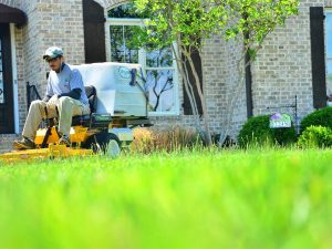Landscaper operating a yellow Walker lawn mower in front of a brick house with a 2245 address sign.
