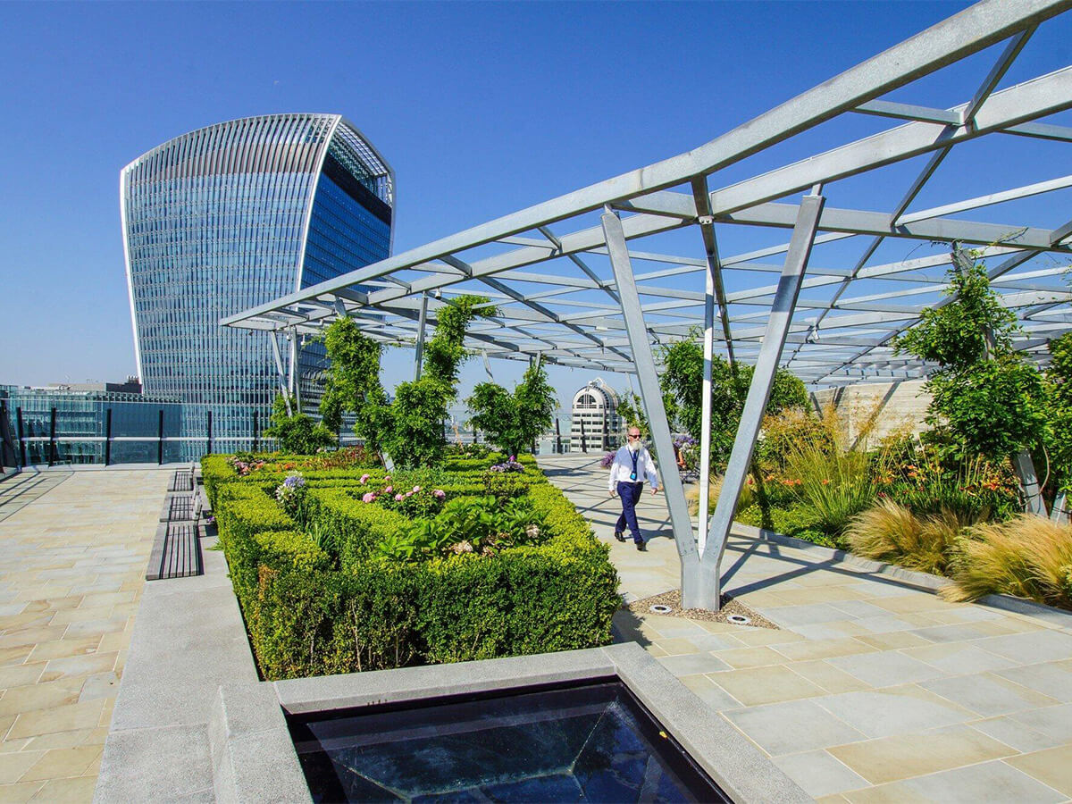 Creative commercial landscape design with greenery, walkway, and modern building in the background. Outdoor space.