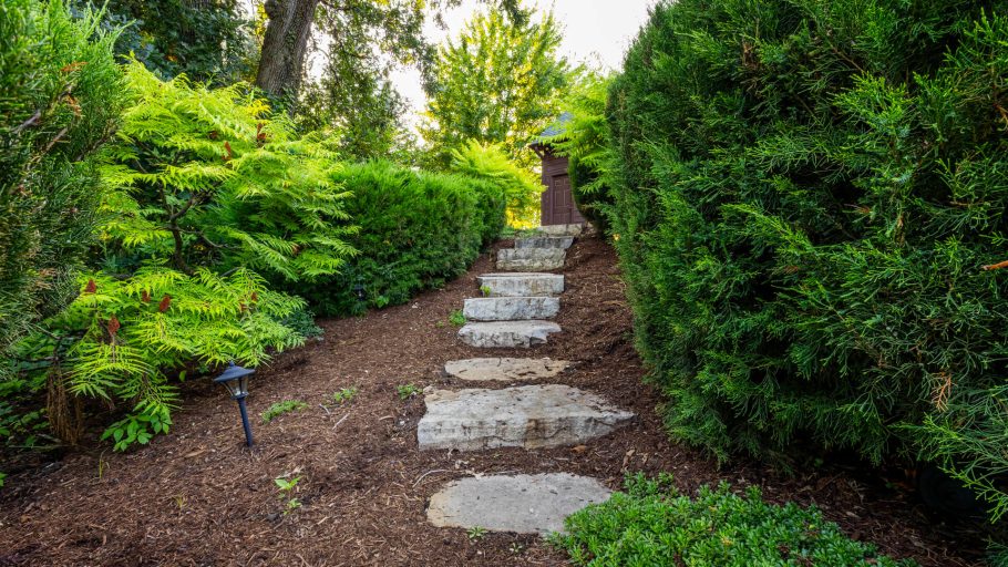 Stone steps lead up a landscaped hill. Lush green bushes line the path. Outdoor landscaping design.