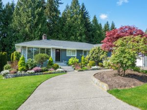 Residential landscape design. Home exterior with manicured lawn, trees, and curved driveway. Expert yard design.